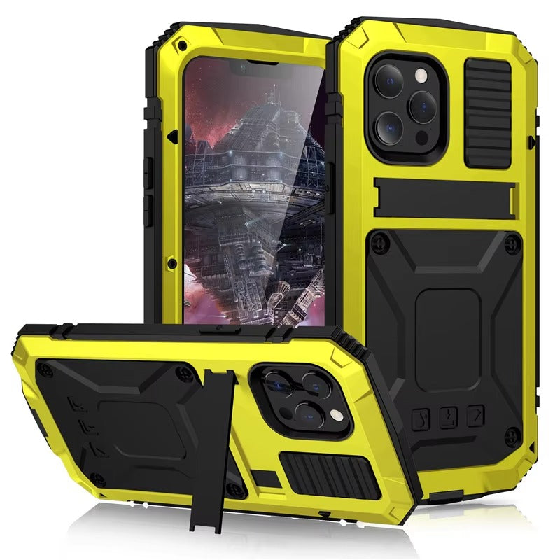 Rugged iPhone Case — Heavy-Duty Aluminum Metal Armor Cover with Tempered Glass Screen, Shockproof IP54 Water-Resistant Full-Body Protection and Kickstand
