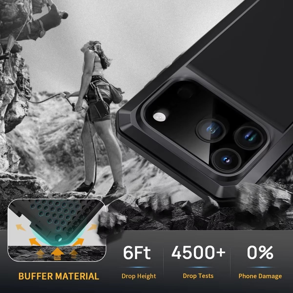 Rugged iPhone Case — Heavy-Duty Metal Protective Cover with Built-In Glass Screen Protector and Tough Shockproof TPU+PC Design