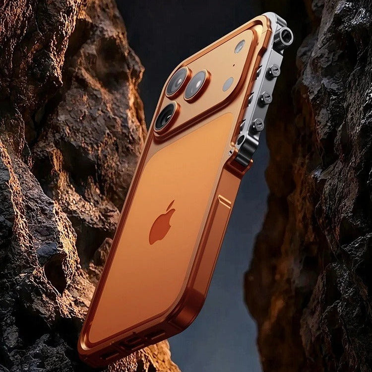 Rugged iPhone Case — Ultra-Light Aluminum Alloy Mecha Bumper with Military-Grade 360° Drop Protection, Shockproof Design and Lanyard Support