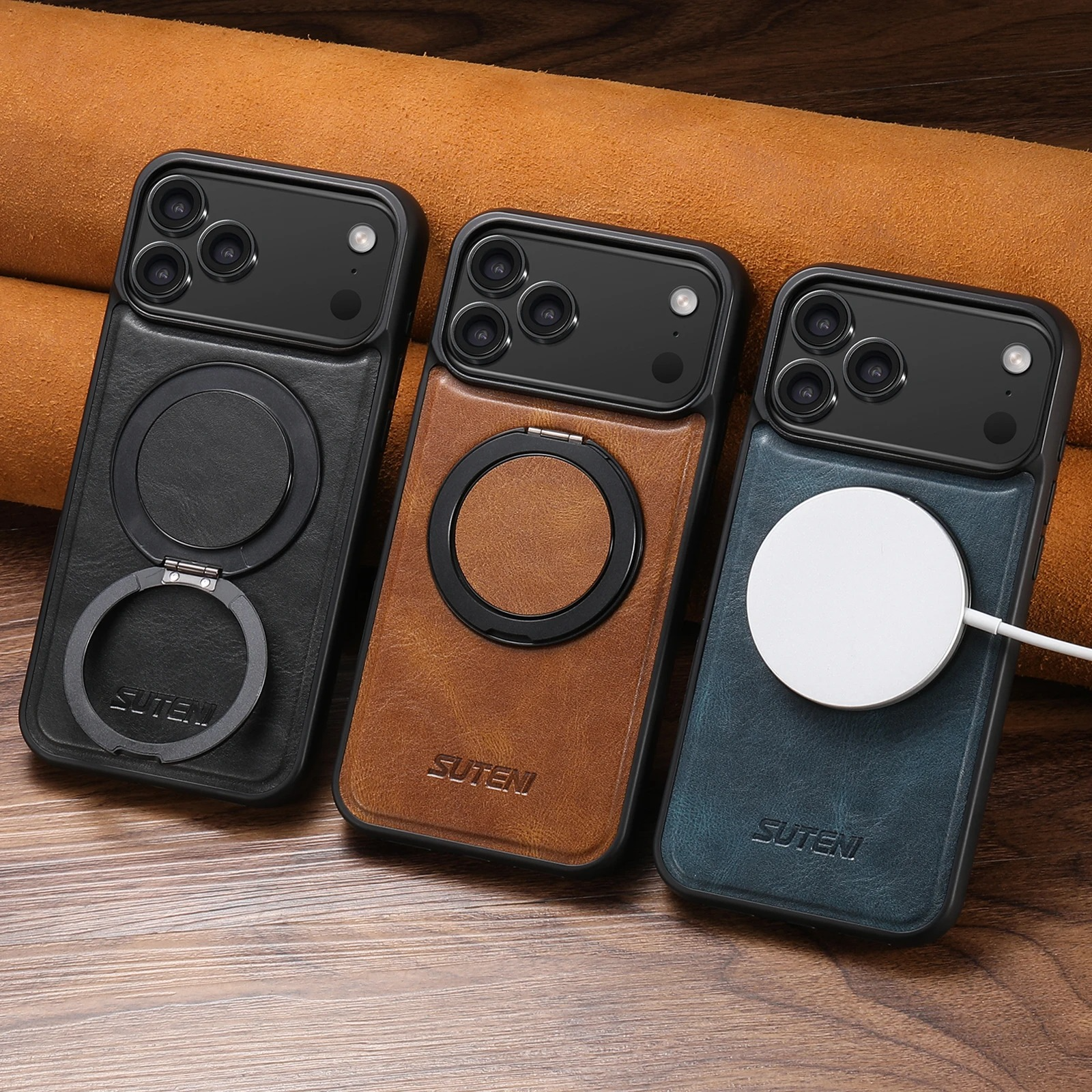 Ultra-Slim Magnetic iPhone Case — 360° Rotating Stand, Oil Wax PU Leather, Wireless Charging Compatible, Shock-Resistant Back Cover