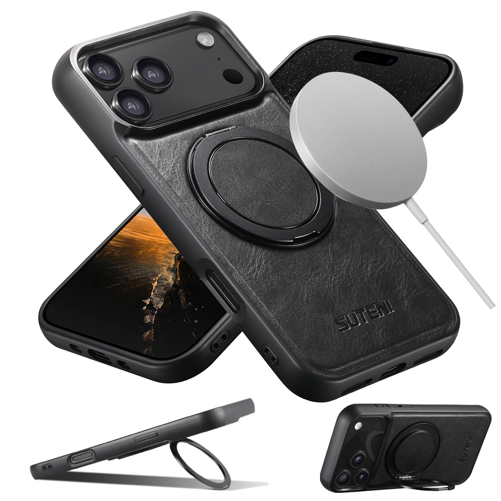 Ultra-Slim Magnetic iPhone Case — 360° Rotating Stand, Oil Wax PU Leather, Wireless Charging Compatible, Shock-Resistant Back Cover