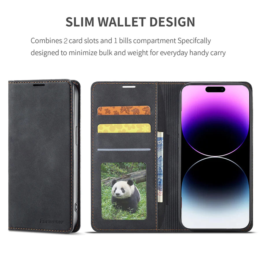 Ultra-Slim iPhone Leather Flip Wallet Case — Magnetic Suede Cover with Card Slots, Cash Pocket, Stand Function, Lightweight Full Body Protective Design