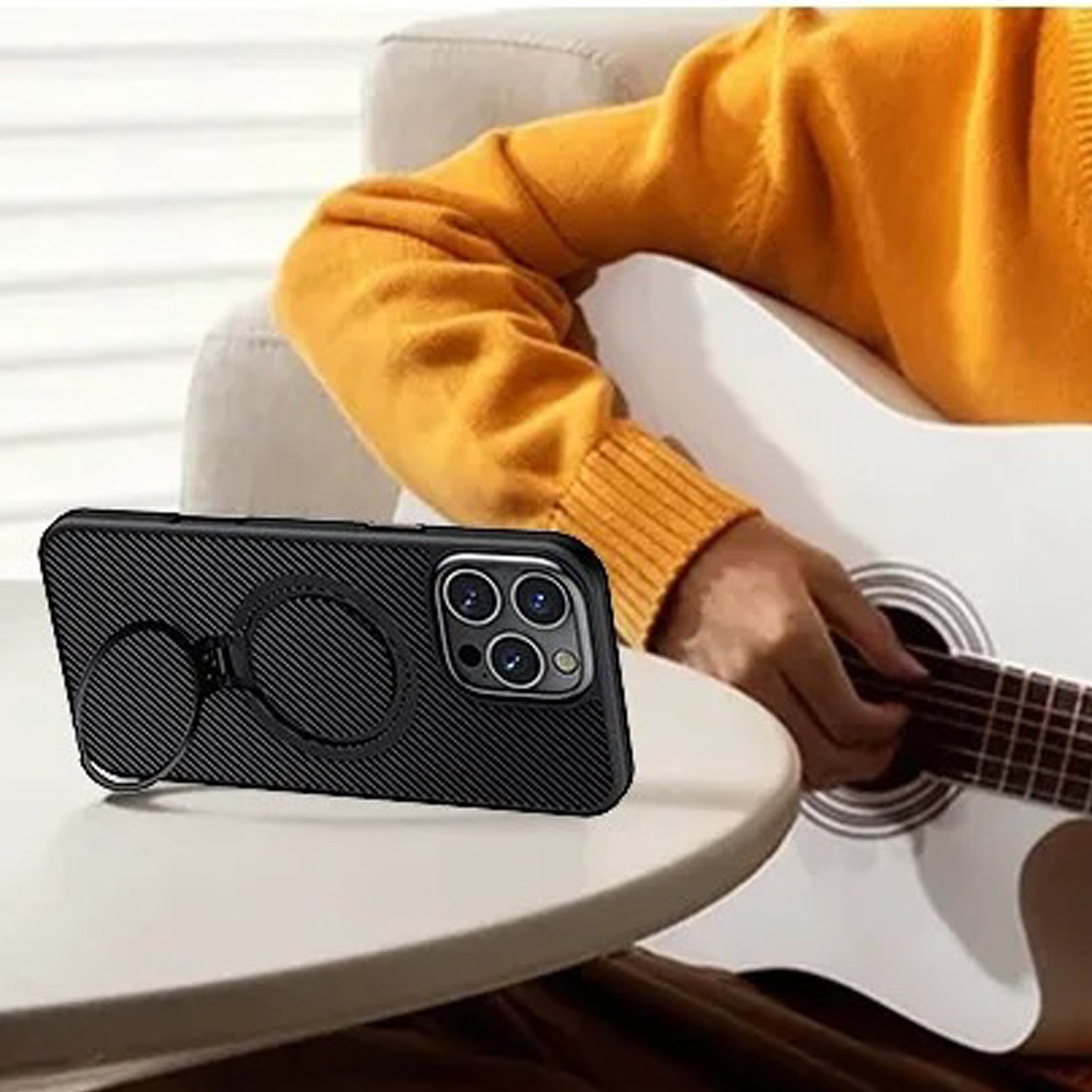 Elite iPhone Case — MagSafe Carbon-Fiber Aramid Style Cover with 360° Ring Stand, Shockproof Airbag Corners and Magnetic Mount Support