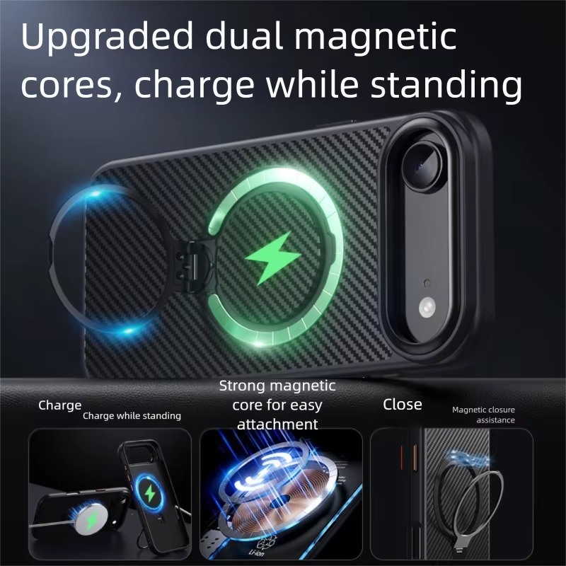 Elite iPhone Case — MagSafe Carbon-Fiber Aramid Style Cover with 360° Ring Stand, Shockproof Airbag Corners and Magnetic Mount Support