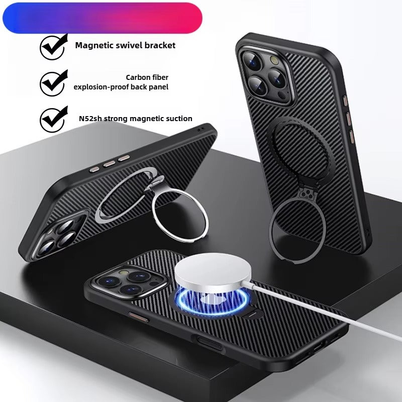 Elite iPhone Case — MagSafe Carbon-Fiber Aramid Style Cover with 360° Ring Stand, Shockproof Airbag Corners and Magnetic Mount Support