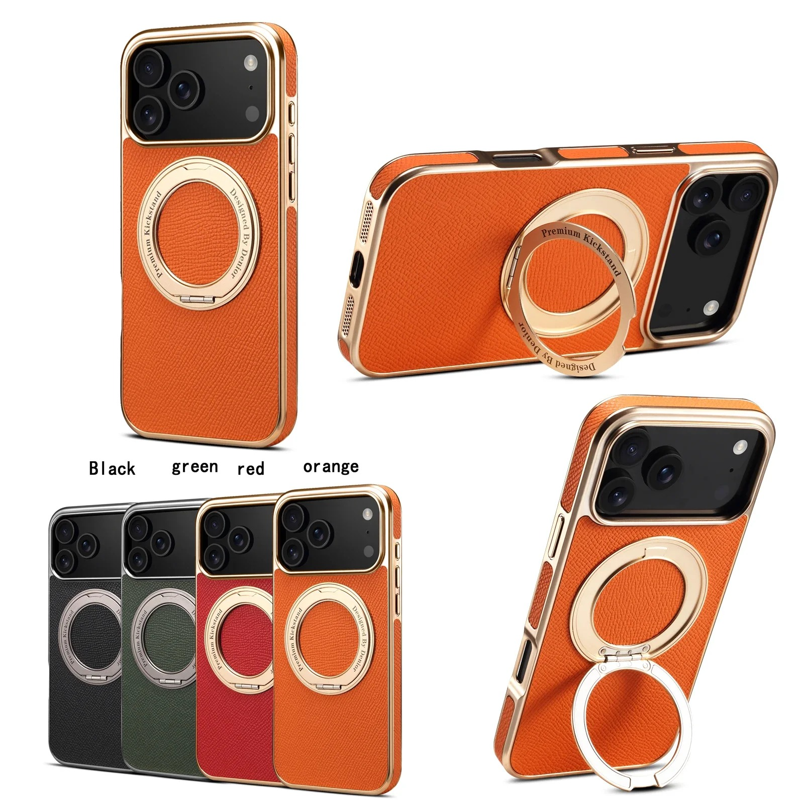 High-End Magnetic iPhone Case — Genuine Cowhide Leather Full Coverage with Invisible Ring Bracket, Shockproof Anti-Fingerprint Slim Design