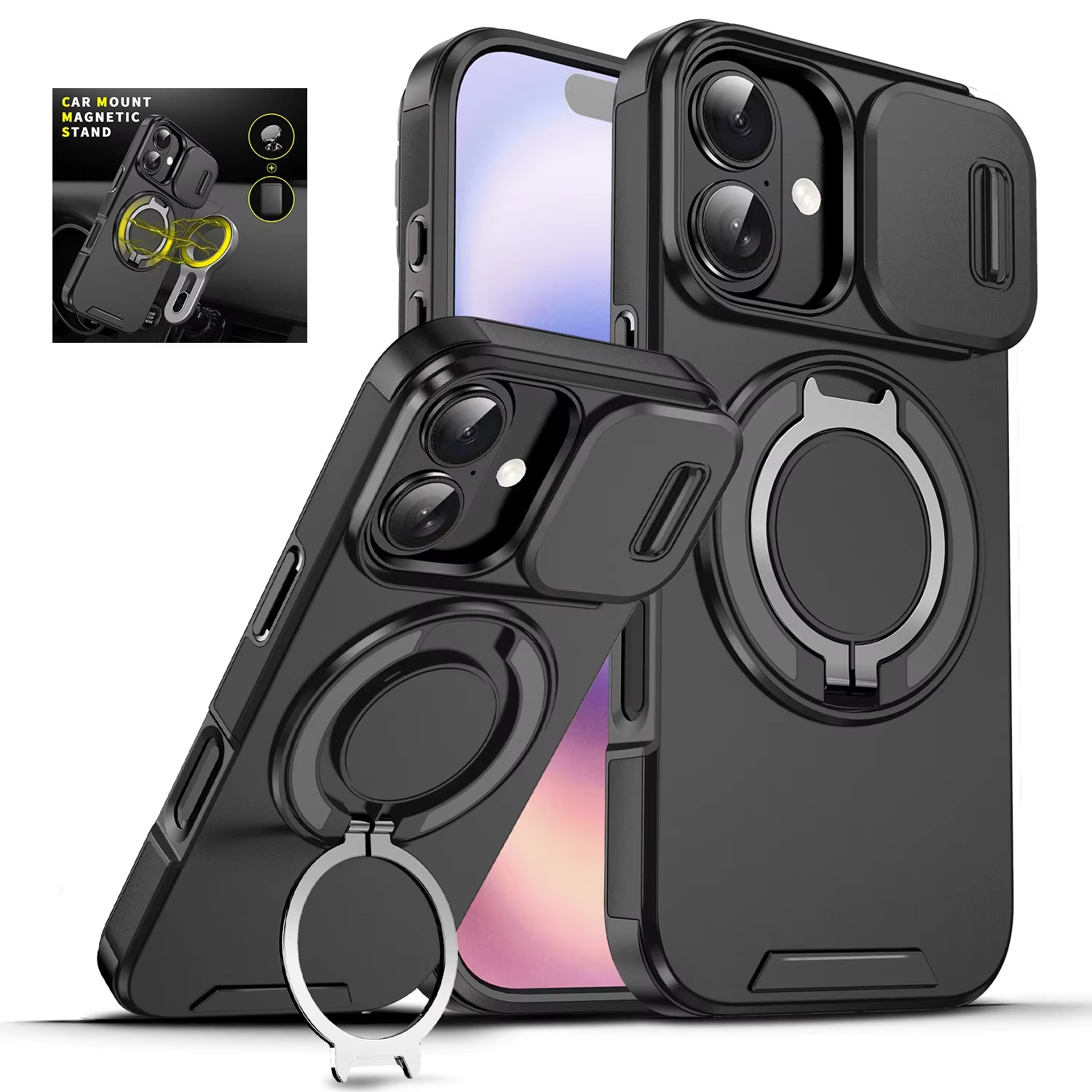 Luxury Heavy-Duty iPhone Case — Rugged Armor Magnetic Bracket with Shockproof PC Cover, Anti-Fingerprint, Anti-Scratch Protection