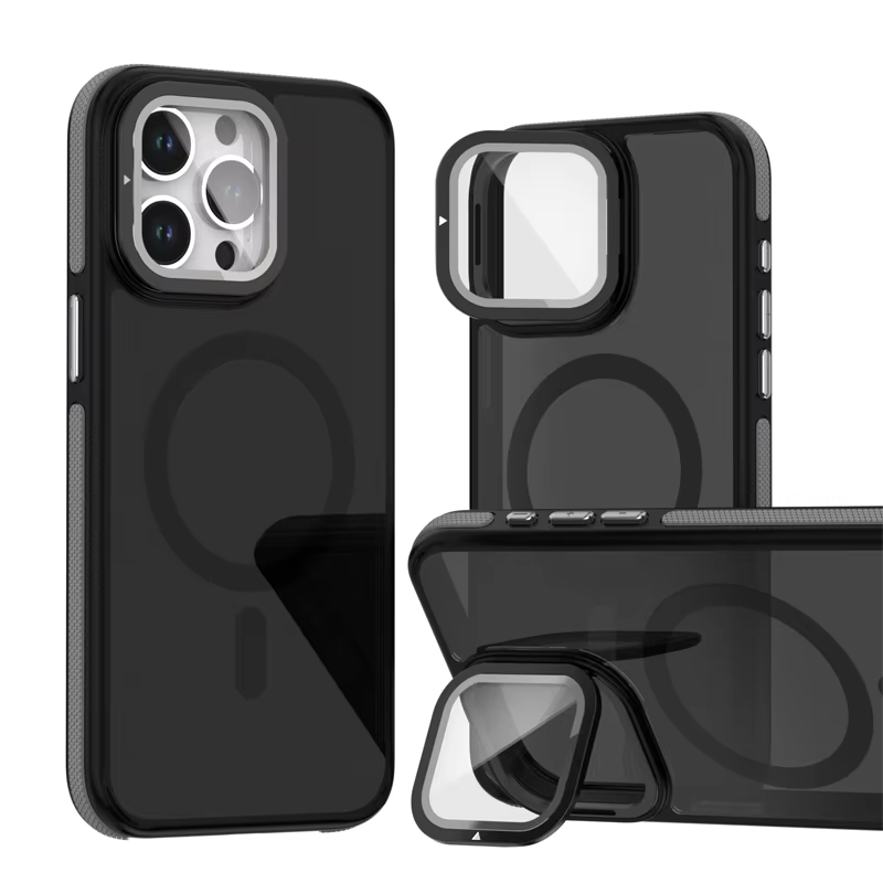 Luxury iPhone Case — MagSafe Matte Clear Magnetic TPU+PC Cover with Glass Lens Camera Protection and Built-In Stand