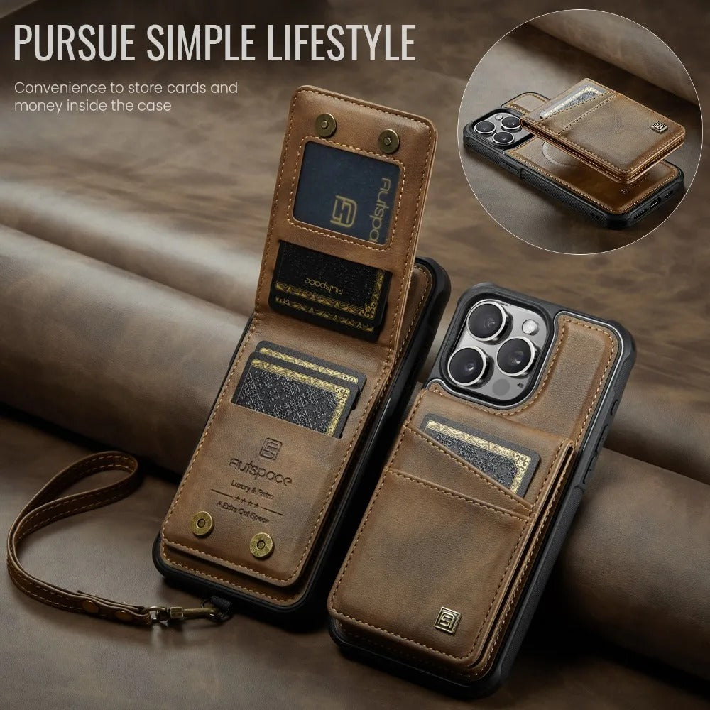 Luxury iPhone 2-in-1 Magnetic Wallet Case — Detachable Leather Cover with Card Holder, Wrist Strap, Shockproof Drop Protection, Full Access Design