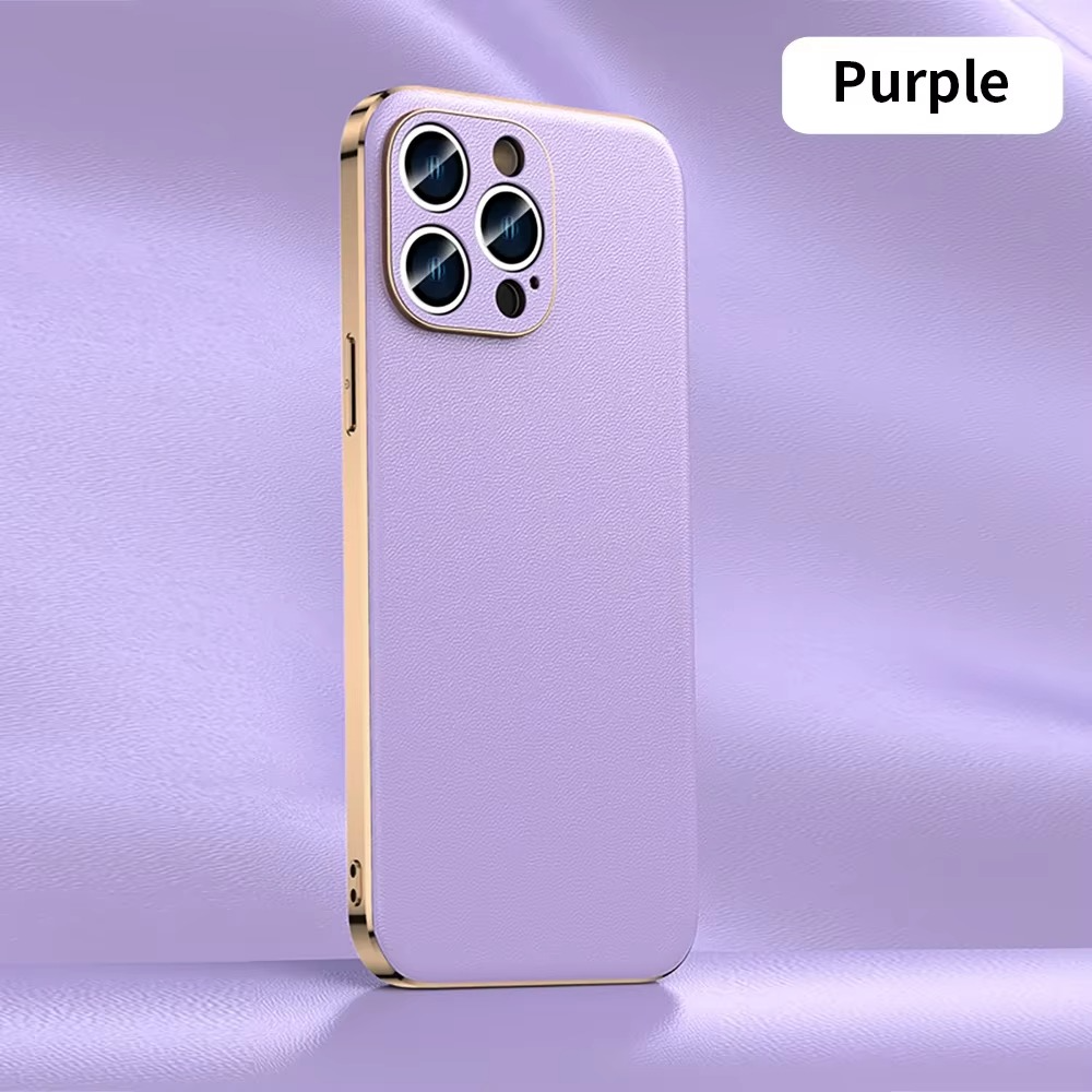 Luxury iPhone Case Genuine Cowhide Leather Back Cover — Full Camera Lens Protection, Plated Edges, Anti-Fingerprint Matte Finish, Wireless Charging Compatible