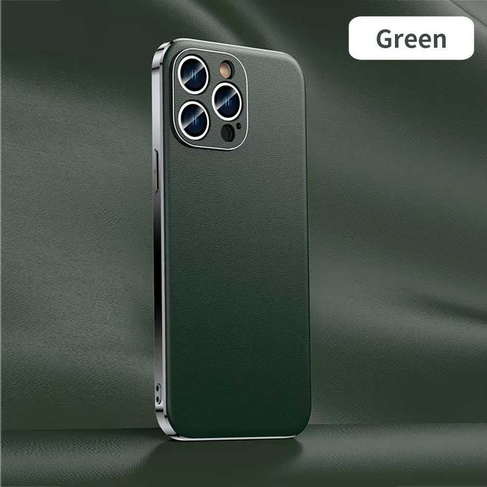 Luxury iPhone Case Genuine Cowhide Leather Back Cover — Full Camera Lens Protection, Plated Edges, Anti-Fingerprint Matte Finish, Wireless Charging Compatible