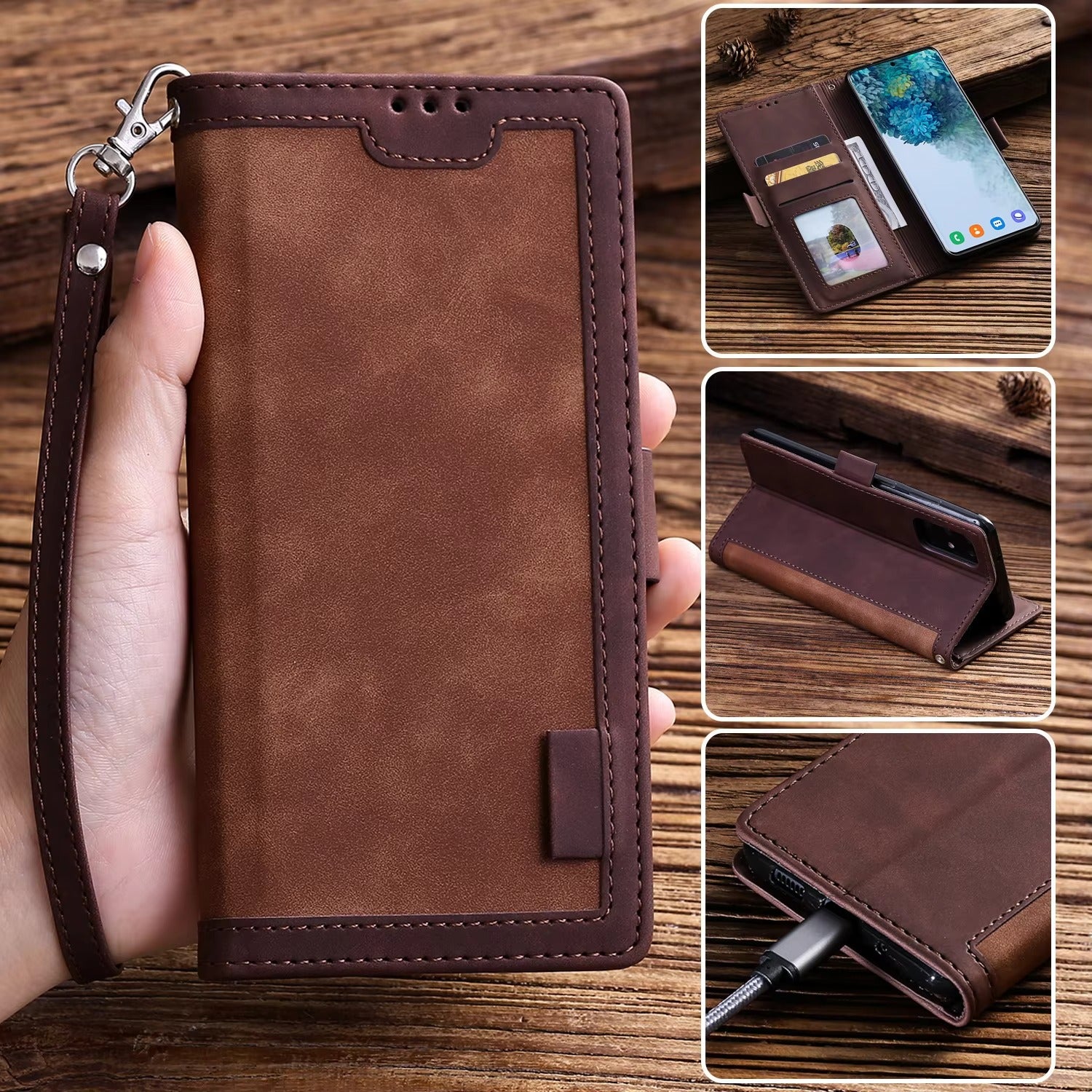 Luxury iPhone Case Leather Wallet Flip Cover — Hand Strap Design, Card Slots Holder, Shockproof Protection, Stylish and Functional Phone Case
