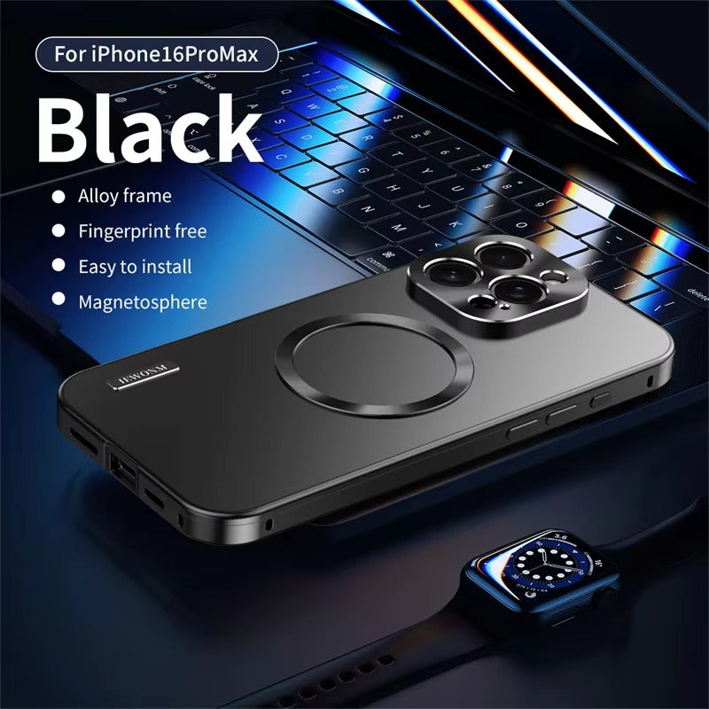 Luxury iPhone Case — All-Aluminum Magnetic Frame with Frosted PC Backplate, Ultra-Thin Shock-Absorbing Protective Design
