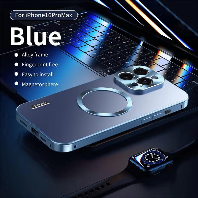 Luxury iPhone Case — All-Aluminum Magnetic Frame with Frosted PC Backplate, Ultra-Thin Shock-Absorbing Protective Design