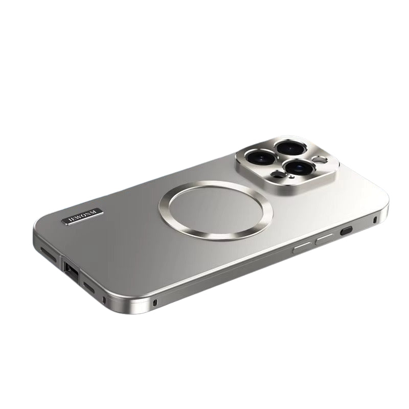 Luxury iPhone Case — All-Aluminum Magnetic Frame with Frosted PC Backplate, Ultra-Thin Shock-Absorbing Protective Design