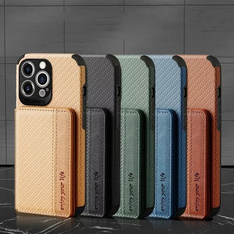 Luxury iPhone Case — Carbon Fiber Magnetic Wallet Cover with Card Holder, Kickstand Function and Anti-Scratch Dustproof Protection