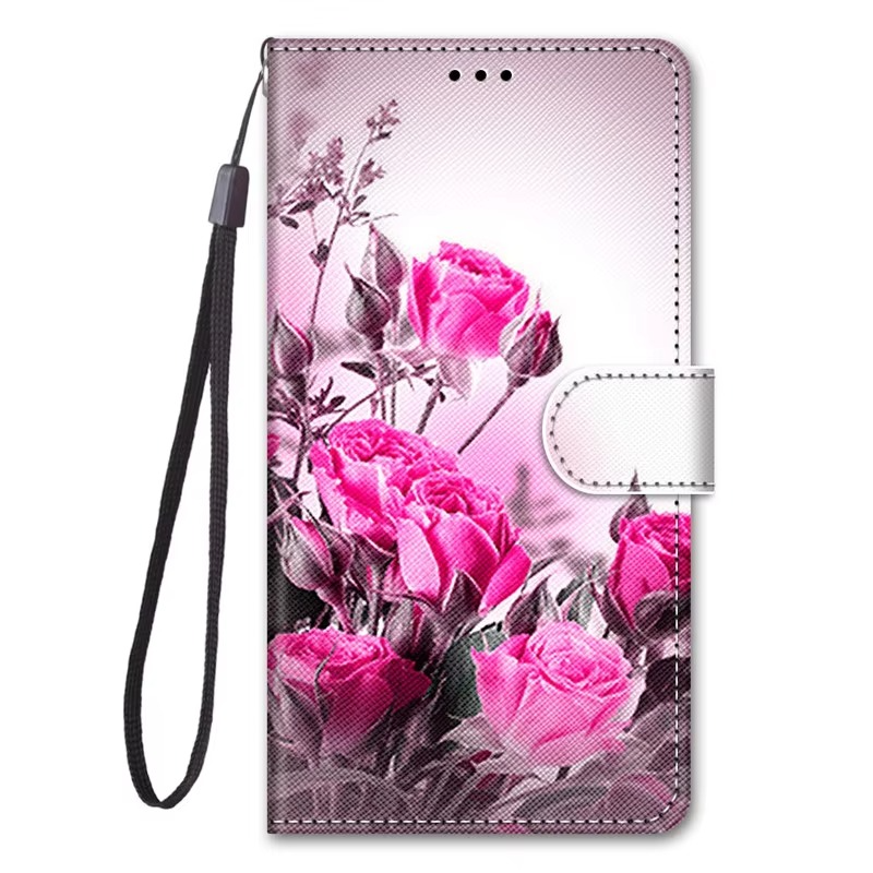 Luxury iPhone Case — Cartoon & Floral Flip Wallet Book Stand, Shockproof Leather Cover with Lanyard