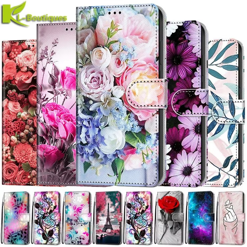 Luxury iPhone Case — Cartoon & Floral Flip Wallet Book Stand, Shockproof Leather Cover with Lanyard