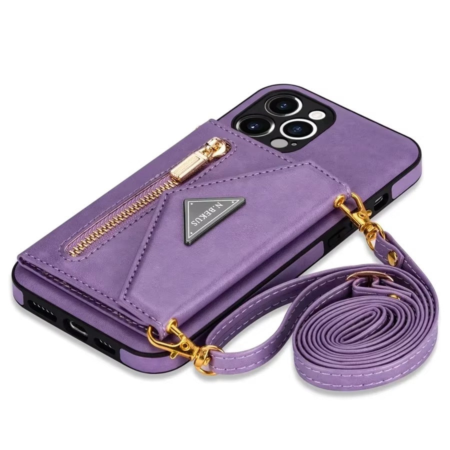 Luxury iPhone Case — Crossbody Wallet with Card Holder and Lanyard Strap, Shockproof Leather Cover, Anti-Fingerprint Full Access Design
