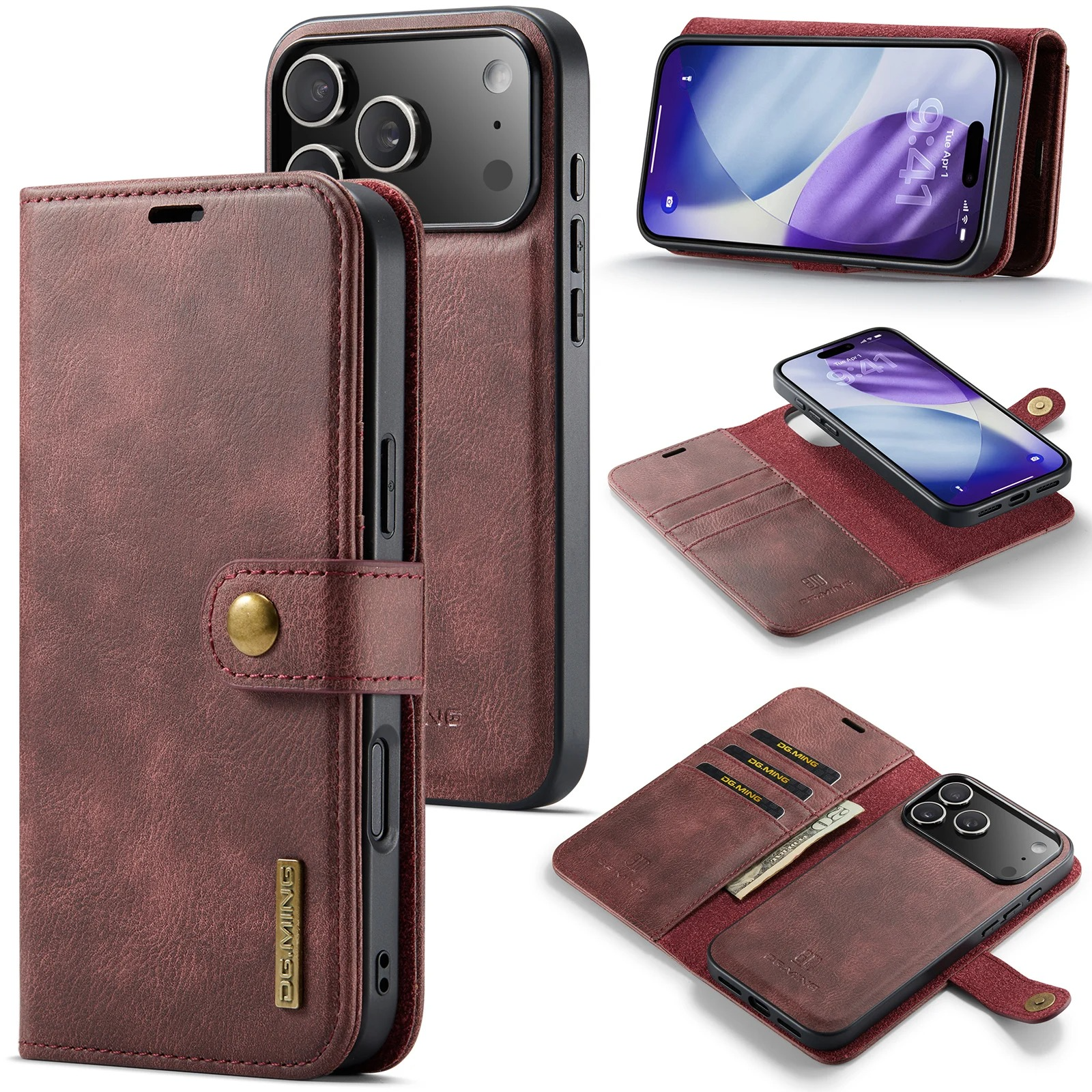 Luxury iPhone Case — Detachable Magnetic Leather Wallet Cover with Card Holder, Flip Design and Protective Full-Body Finish
