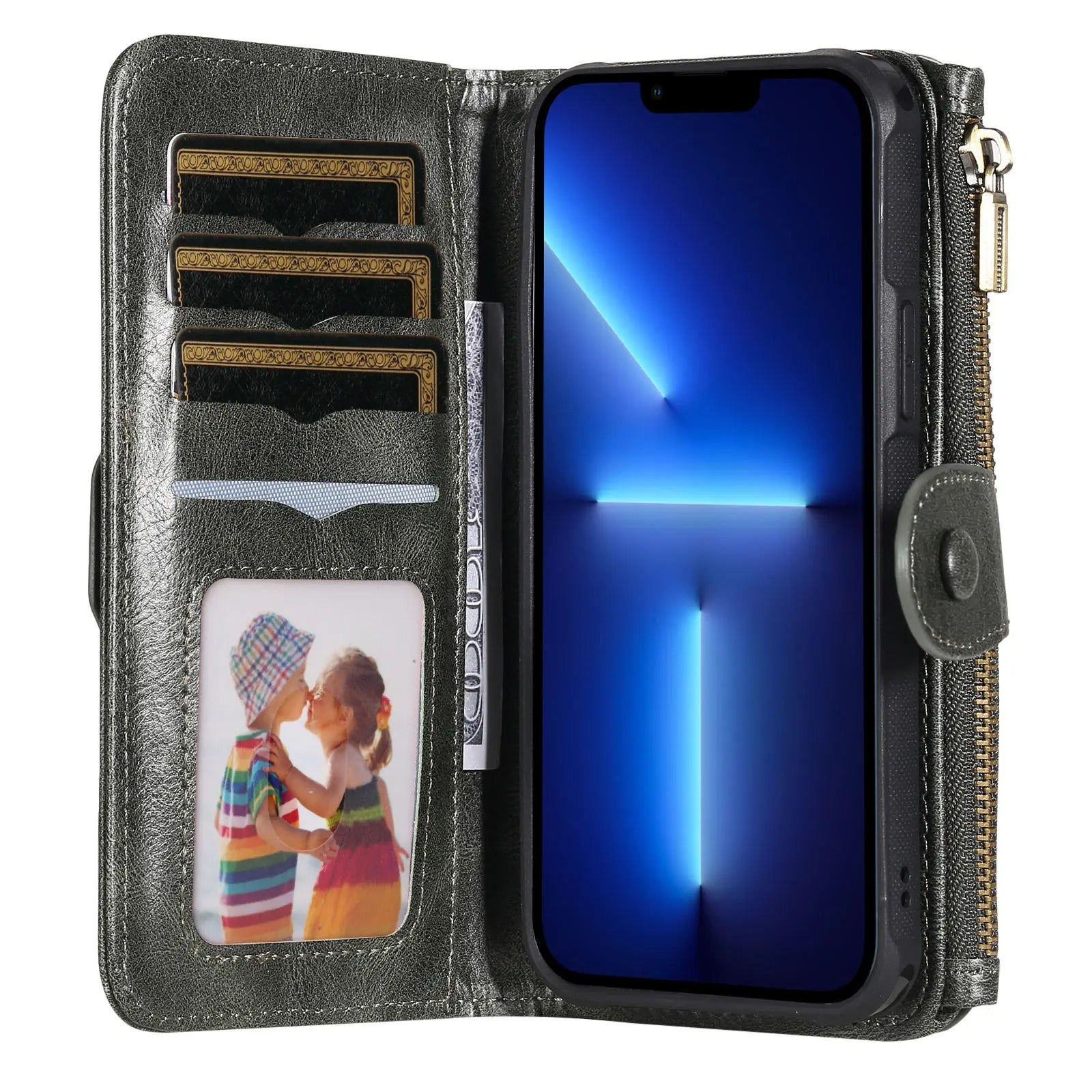 Luxury iPhone Case — Detachable Retro PU Leather Zipper Wallet Cover with Card Slots, Shockproof Anti-Fingerprint Protection & Dustproof Non-Slip Design