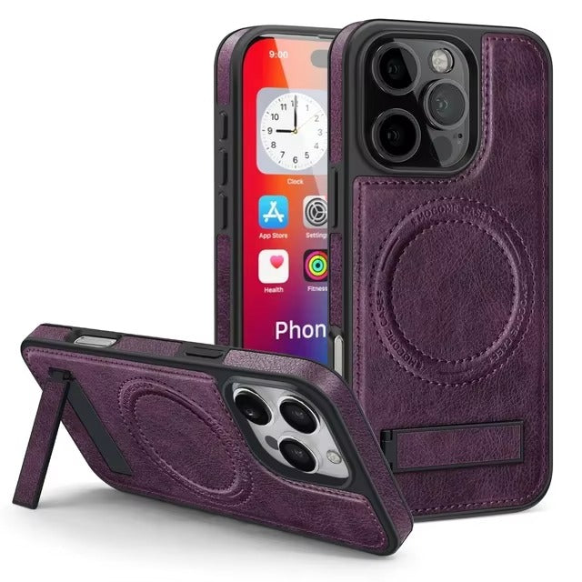 Luxury iPhone Case — Genuine Leather MagSafe Cover with Magnetic Holder Stand, Full-Coverage Shockproof Protection, Anti-Fingerprint Dustproof Non-Slip Design
