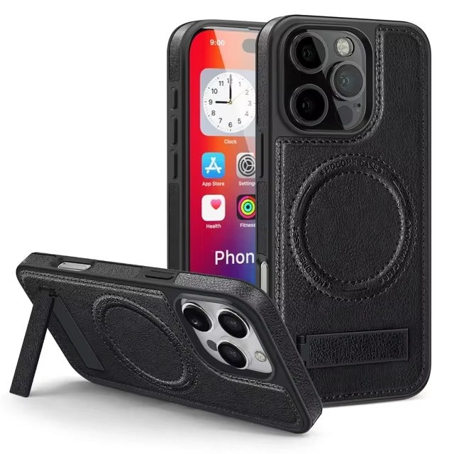 Luxury iPhone Case — Genuine Leather MagSafe Cover with Magnetic Holder Stand, Full-Coverage Shockproof Protection, Anti-Fingerprint Dustproof Non-Slip Design