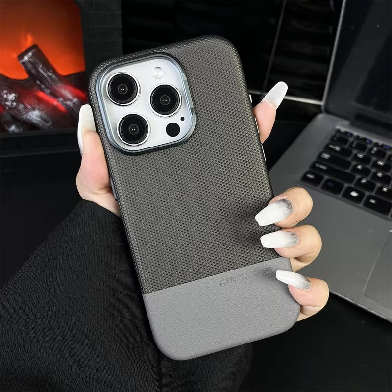 Luxury iPhone Case — Hit-Color Diamond Relief MagSafe Cover with PU Leather Texture, Alloy Lens Protection and Matte Anti-Fingerprint Design