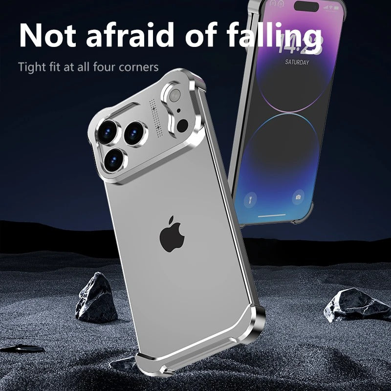 Luxury iPhone Case — Irregular Titanium Alloy Bumper with Shockproof Borderless Design, Lens Protector, Matte Anti-Slip Finish and Lightweight Build