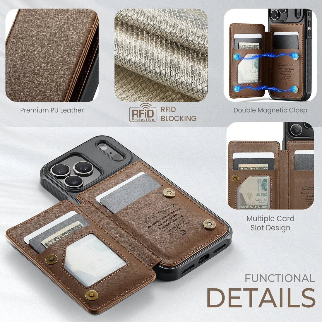 Luxury iPhone Case — Leather RFID Card Wallet with Magnetic Shockproof Cover, Anti-Fingerprint Anti-Scratch, Non-Slip Plain and Geometric Design