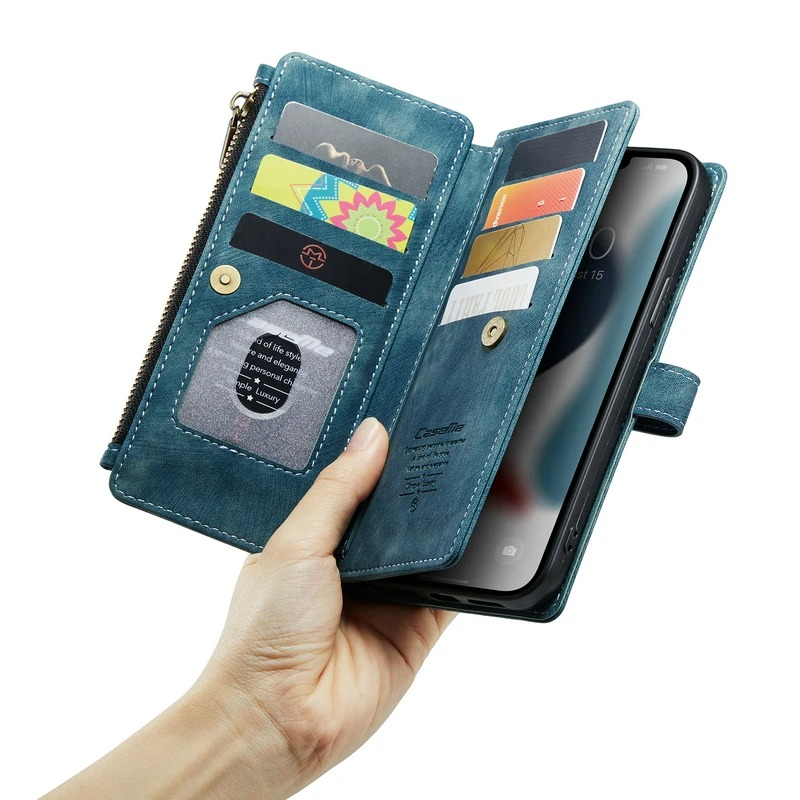 Luxury iPhone Case — Leather Wallet Cover with Magnetic Kickstand, Dual-Layer Shockproof Half-Wrapped Case