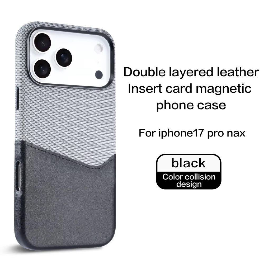 Luxury iPhone Case — Leather & Fabric Splicing Magnetic Cover with Card Slot, Camera-Safe Design and Slim Shockproof Protection