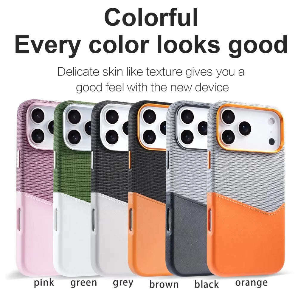 Luxury iPhone Case — Leather & Fabric Splicing Magnetic Cover with Card Slot, Camera-Safe Design and Slim Shockproof Protection