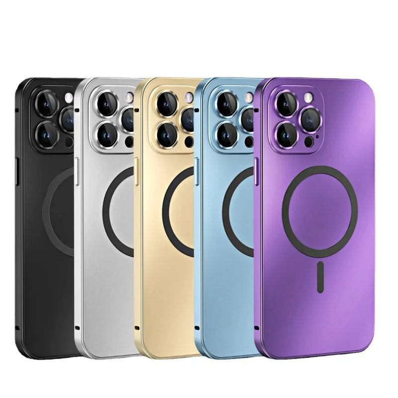 Luxury iPhone Case — Magnetic, Wireless-Charging Safe, Shockproof Aluminum Metal Frame Cover with Glass Lens Protection and Removable Backboard Design