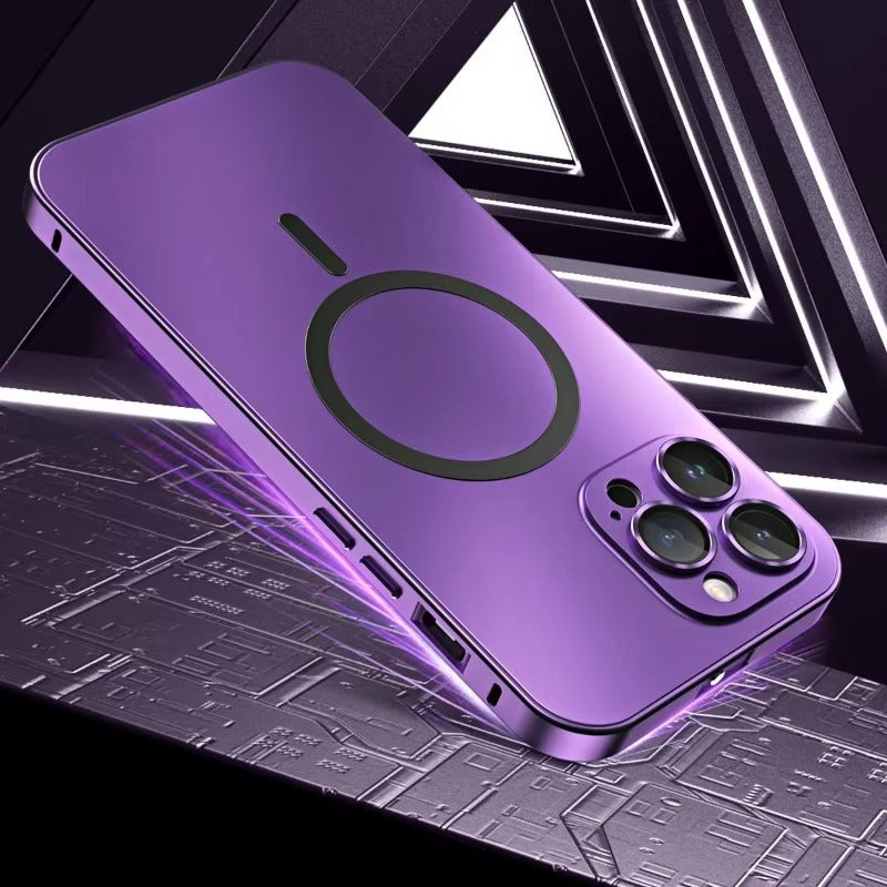 Luxury iPhone Case — Magnetic, Wireless-Charging Safe, Shockproof Aluminum Metal Frame Cover with Glass Lens Protection and Removable Backboard Design