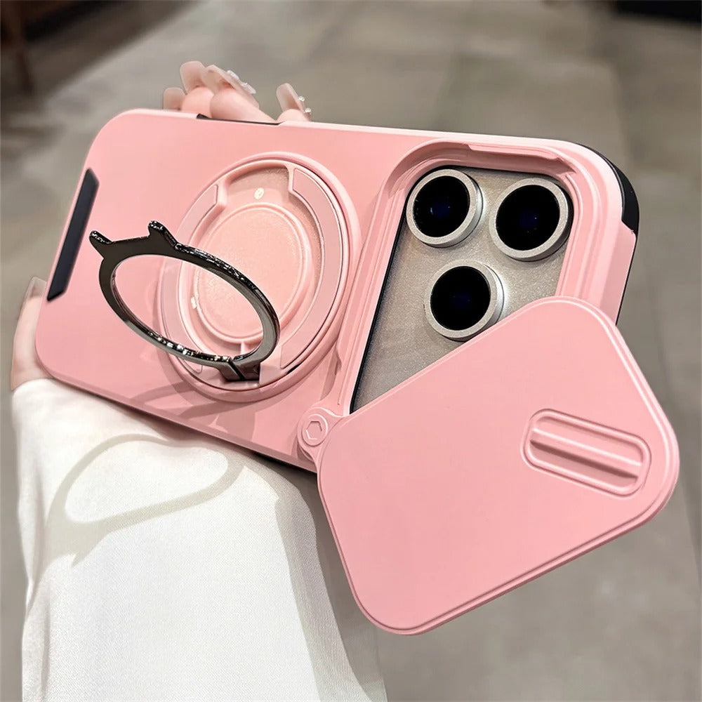 Luxury iPhone Case — Military Armor Magnetic Ring Cover with 360° Rotating Folding Stand, Full Lens Protection & Dual-Layer Shockproof Design