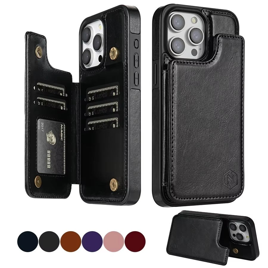 Luxury iPhone Case — RFID-Blocking Magnetic Flip Wallet Cover with Artificial Leather, Shockproof Dual-Layer Protection, Card Slots & Non-Slip Design