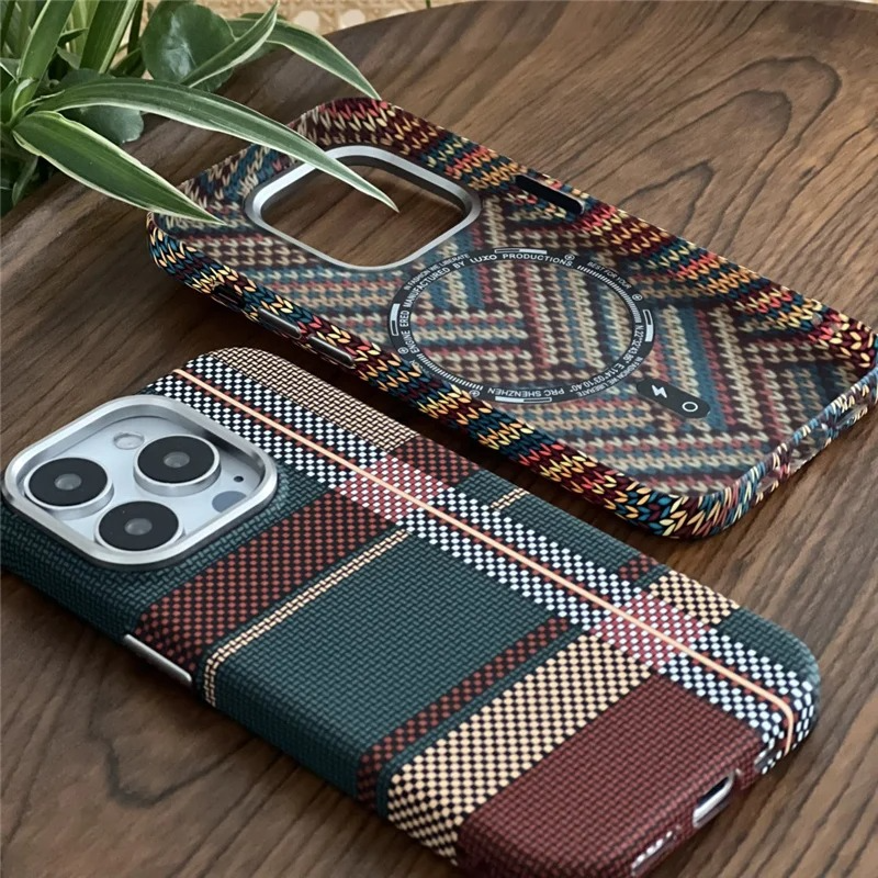 Luxury iPhone Case — Retro Geometric Totem Magnetic Alloy Lens Protection, Shockproof & Wireless Charging Hard Cover