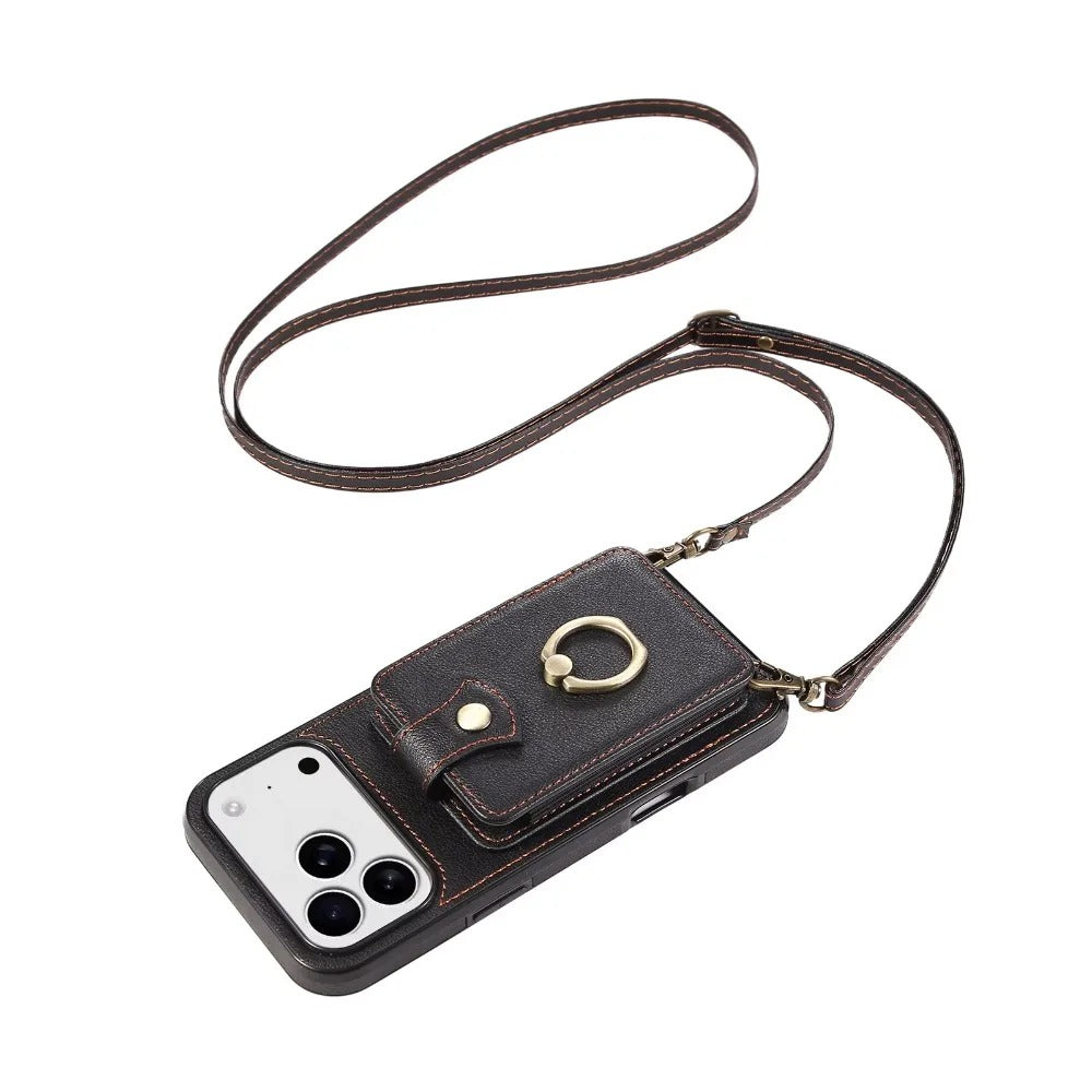 Luxury iPhone Case — Wallet Cover with Card Holder, 360° Rotating Finger Ring Kickstand, RFID-Blocking PU Leather Full-Protection Design for iPhone 17 Pro Max and Air