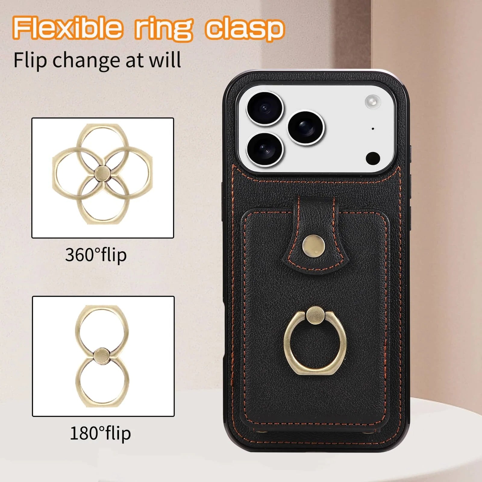 Luxury iPhone Case — Wallet Cover with Card Holder, 360° Rotating Finger Ring Kickstand, RFID-Blocking PU Leather Full-Protection Design for iPhone 17 Pro Max and Air
