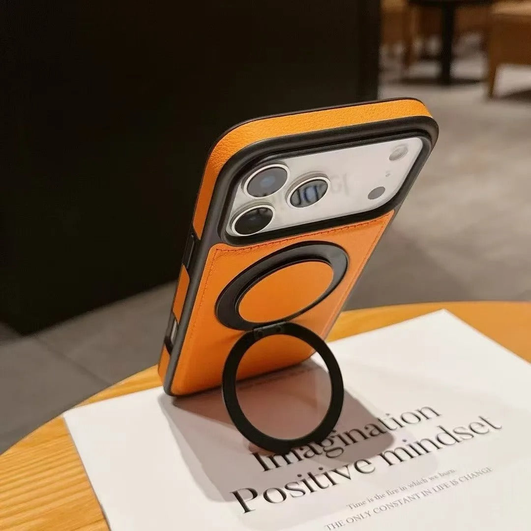 Luxury iPhone Case — Wax PU Leather Magnetic Cover with 360° Rotating Ring Stand, Wireless-Charging Safe Design and Business Shockproof Protection