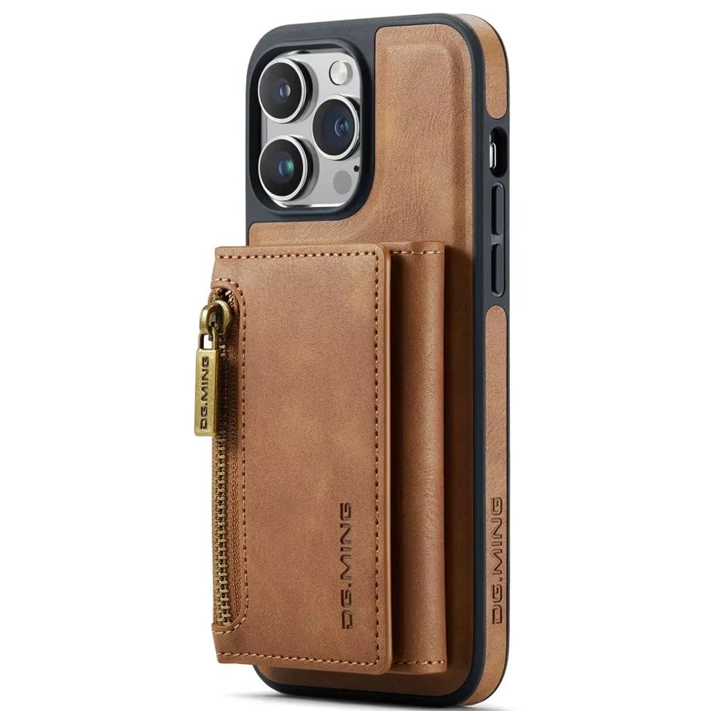 Luxury iPhone DG.Ming Magnetic Flip Leather Wallet Case — Zipper Card Holder Back Cover, Dual Layer Shockproof Design, Wireless Charging Compatible