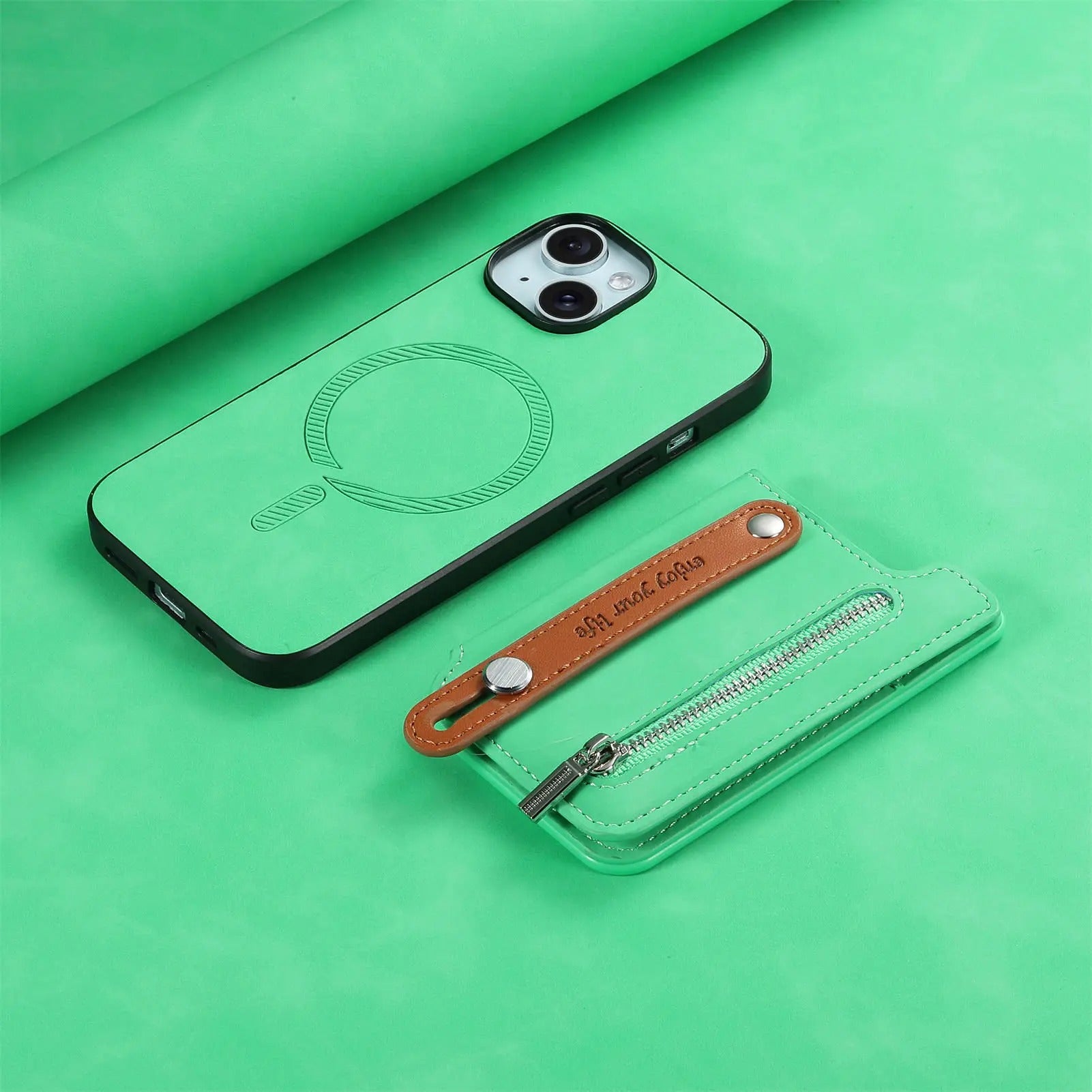 Luxury iPhone Detachable Zipper Wallet Case — Magnetic Flip Leather Cover with Card Slots, Wrist Strap, Kickstand Function, Full Body Shockproof Protection