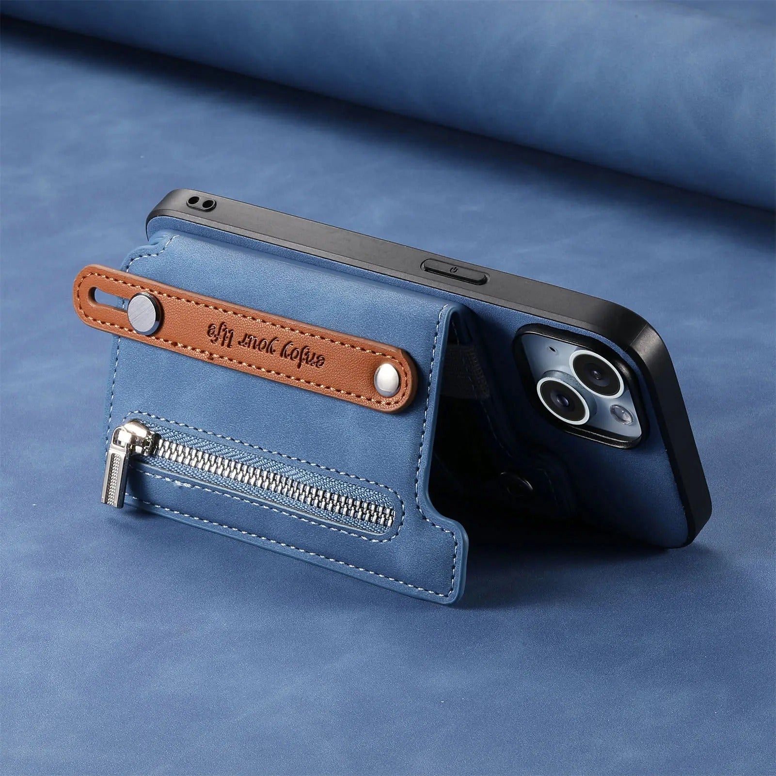 Luxury iPhone Detachable Zipper Wallet Case — Magnetic Flip Leather Cover with Card Slots, Wrist Strap, Kickstand Function, Full Body Shockproof Protection