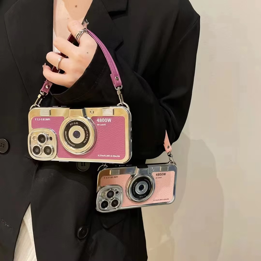 Luxury iPhone Retro Camera Case Emily in Paris Edition — PU Leather Sling Cover with Bracelet Strap, Stylish Pictorial Design, Shockproof Protective Finish