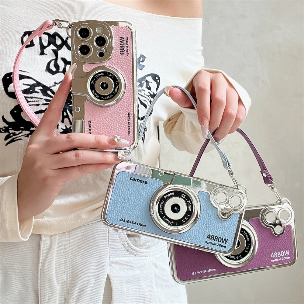 Luxury iPhone Retro Camera Case Emily in Paris Edition — PU Leather Sling Cover with Bracelet Strap, Stylish Pictorial Design, Shockproof Protective Finish