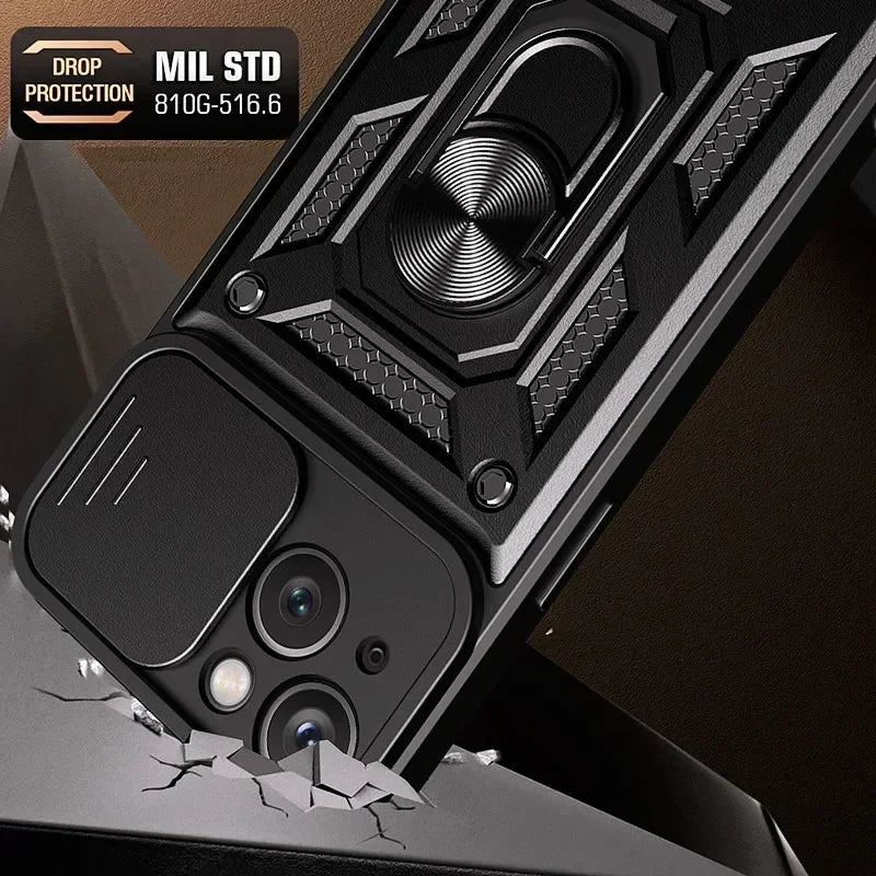 Rugged iPhone Armor Case with Camera Protection — Shockproof Silicone Dual Layer Cover, Heavy Duty Design with Ring Holder, Anti-Fingerprint Scratch-Resistant