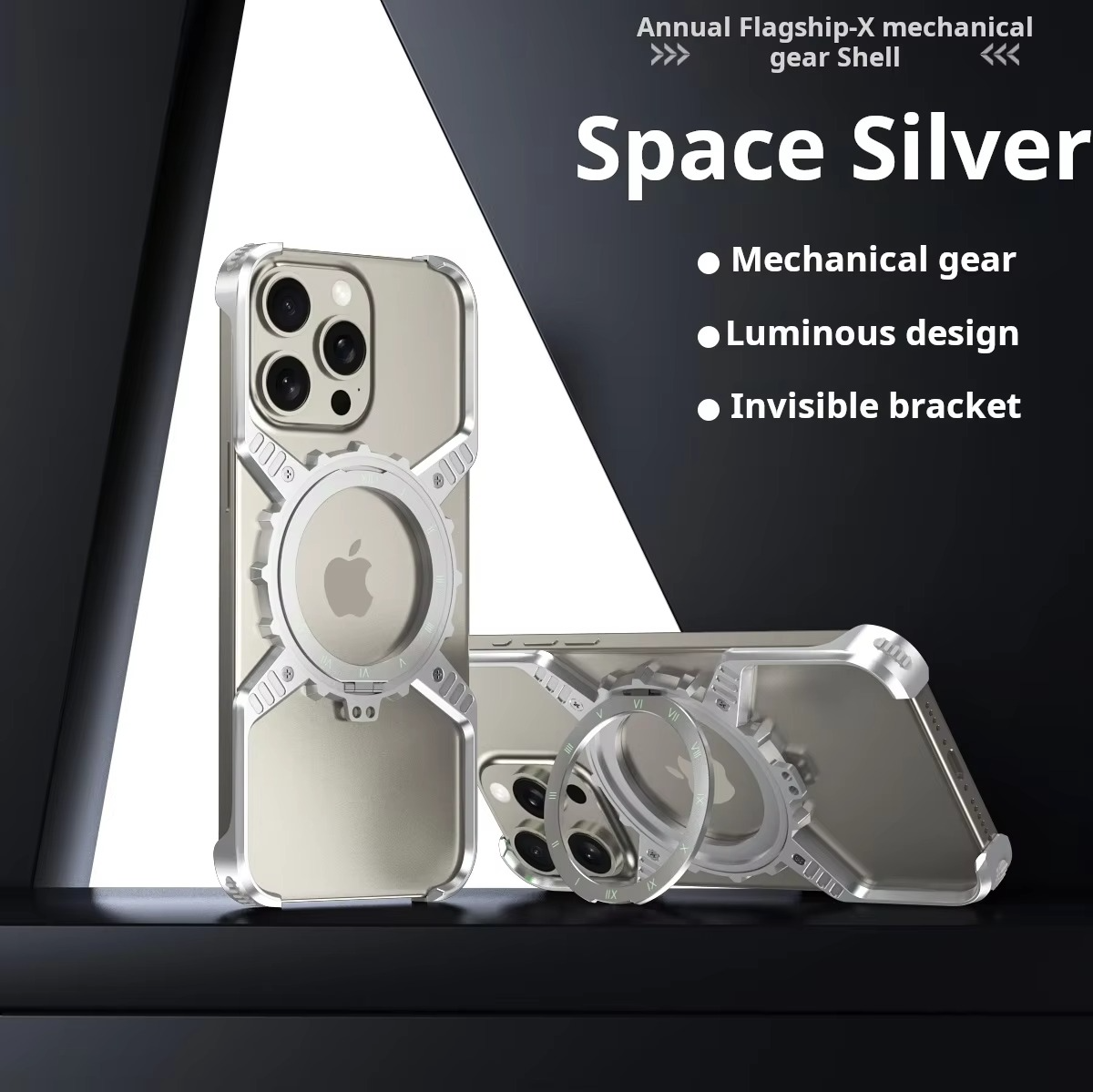 Rugged iPhone Case 360° X-Shaped Mechanical Design — Aluminum Magnetic Frameless Cover with Stand, Noctilucent Finish, Heavy Duty Shockproof Scratch-Resistant Protection