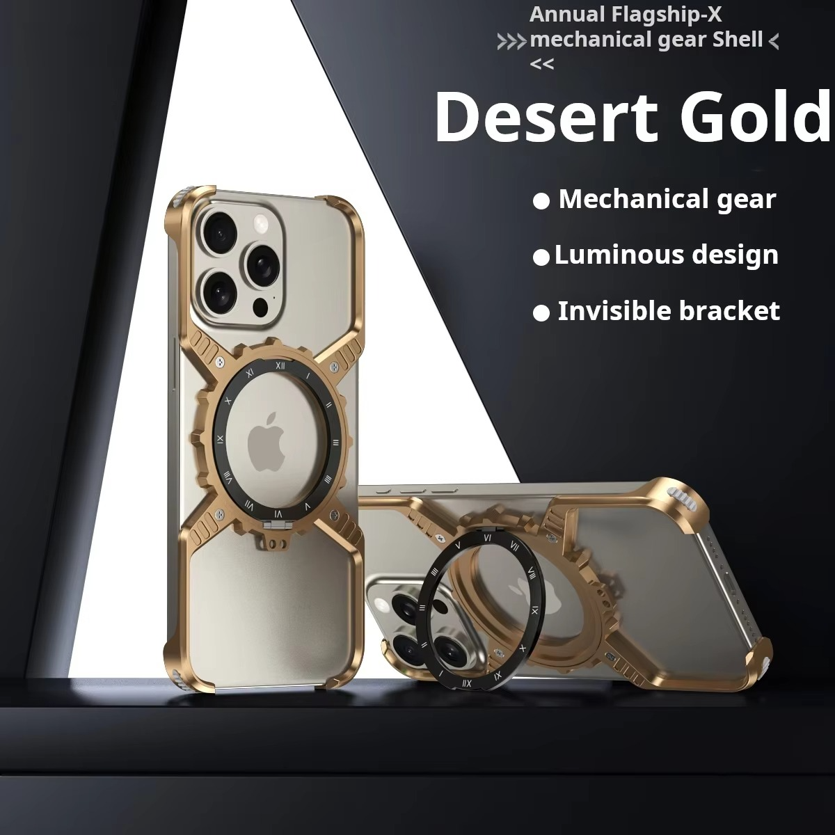 Rugged iPhone Case 360° X-Shaped Mechanical Design — Aluminum Magnetic Frameless Cover with Stand, Noctilucent Finish, Heavy Duty Shockproof Scratch-Resistant Protection