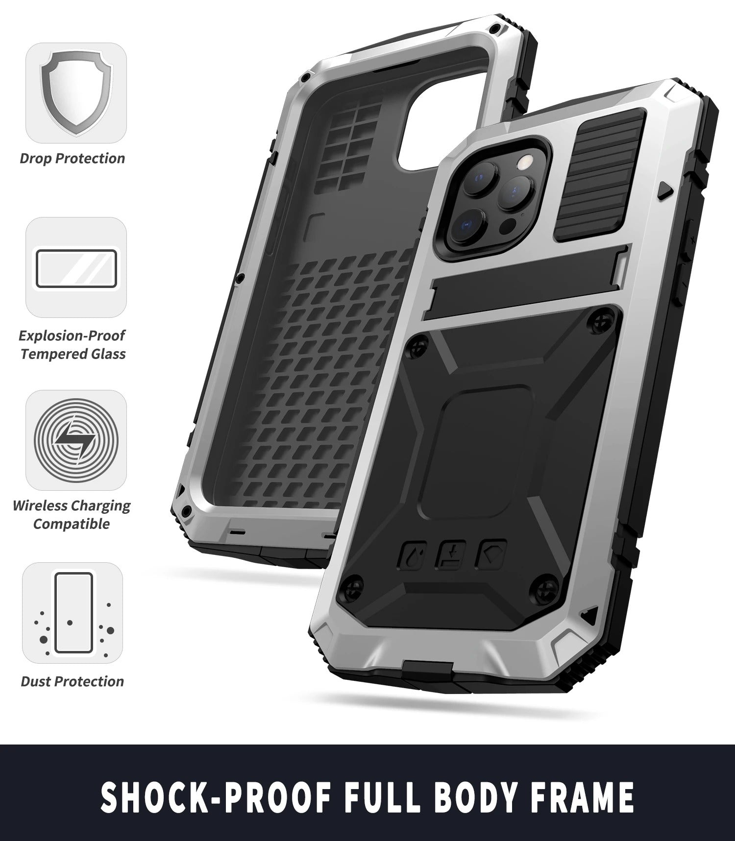 Rugged iPhone Case — Heavy-Duty Aluminum Armor Cover with Shockproof Bumper Design, Screen Guard Protection and Dustproof Anti-Fingerprint Finish
